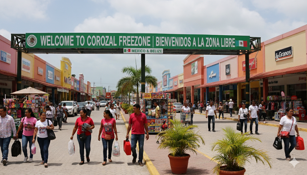 A busy commercial area at the Belize-Mexico border