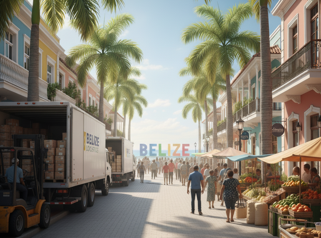 A vibrant local market street in a Belizean city